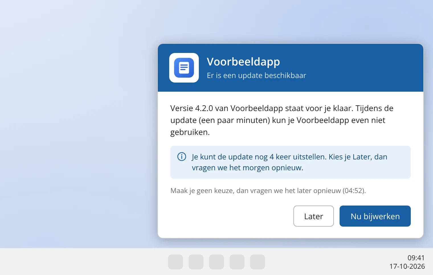 Venster met de titel Voorbeeldapp, de tekst 'Er is een update beschikbaar' en de knoppen Later en Nu bijwerken
