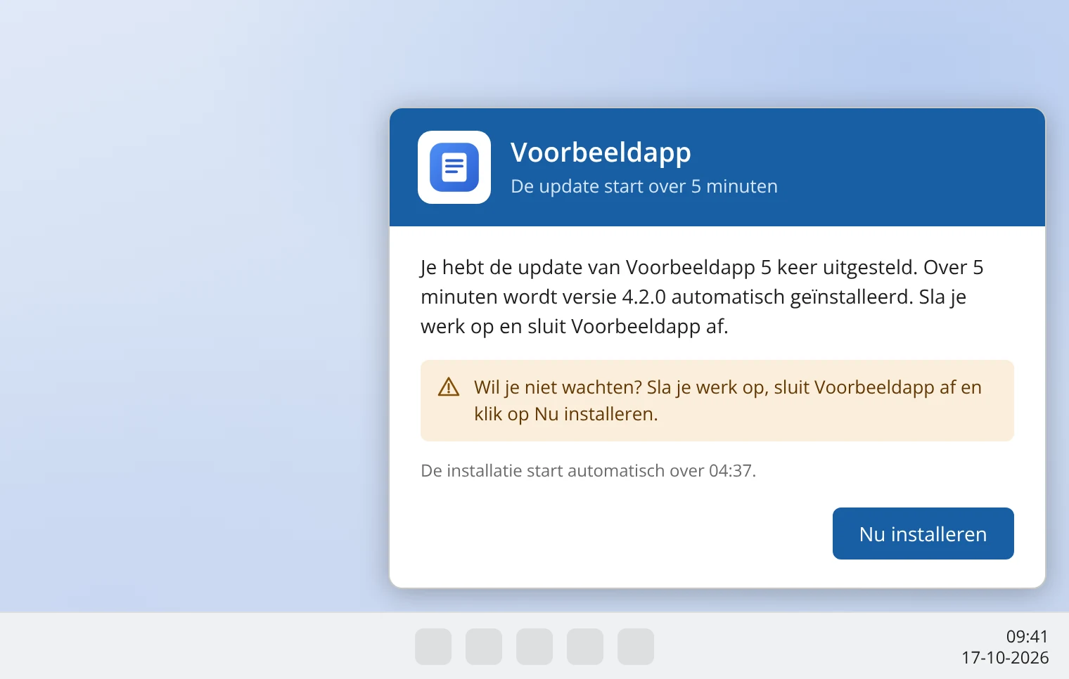 Venster met de tekst 'De update start over 5 minuten', een oranje waarschuwing en alleen de knop Nu installeren