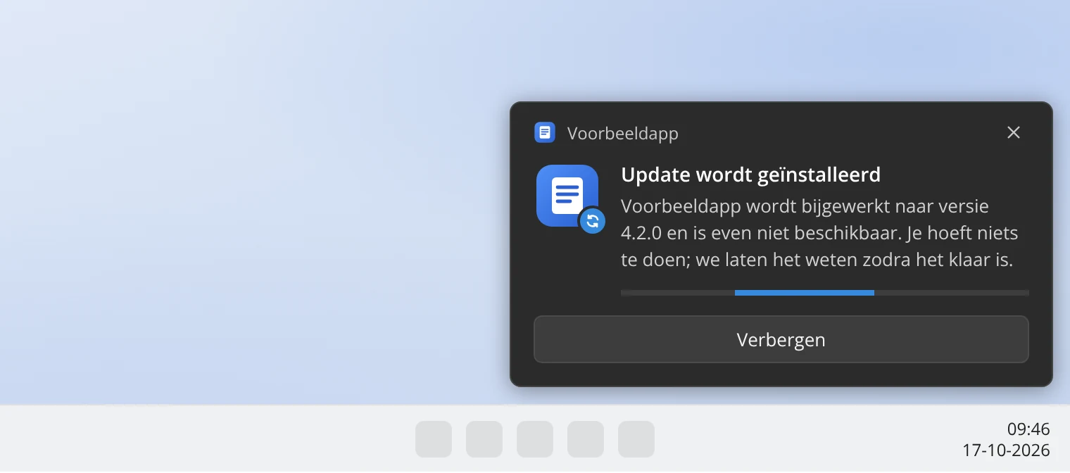 Donkere melding 'Update wordt geïnstalleerd' met een blauwe voortgangsbalk