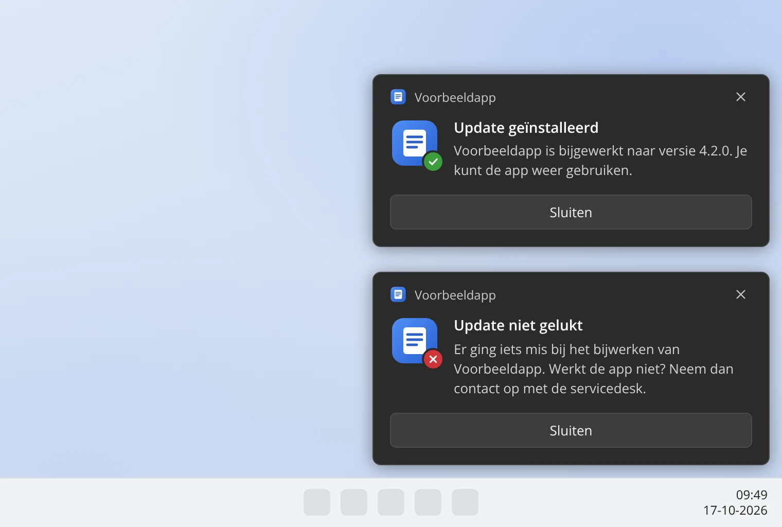 Twee donkere meldingen: 'Update geïnstalleerd' met een groen vinkje en 'Update niet gelukt' met een rood kruisje